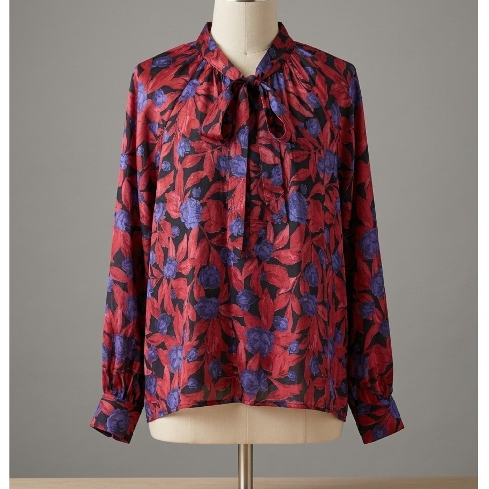 Worthington Red Purple Floral Tie Neck Blouse XXL Long Sleeve Burnout Top Ascot